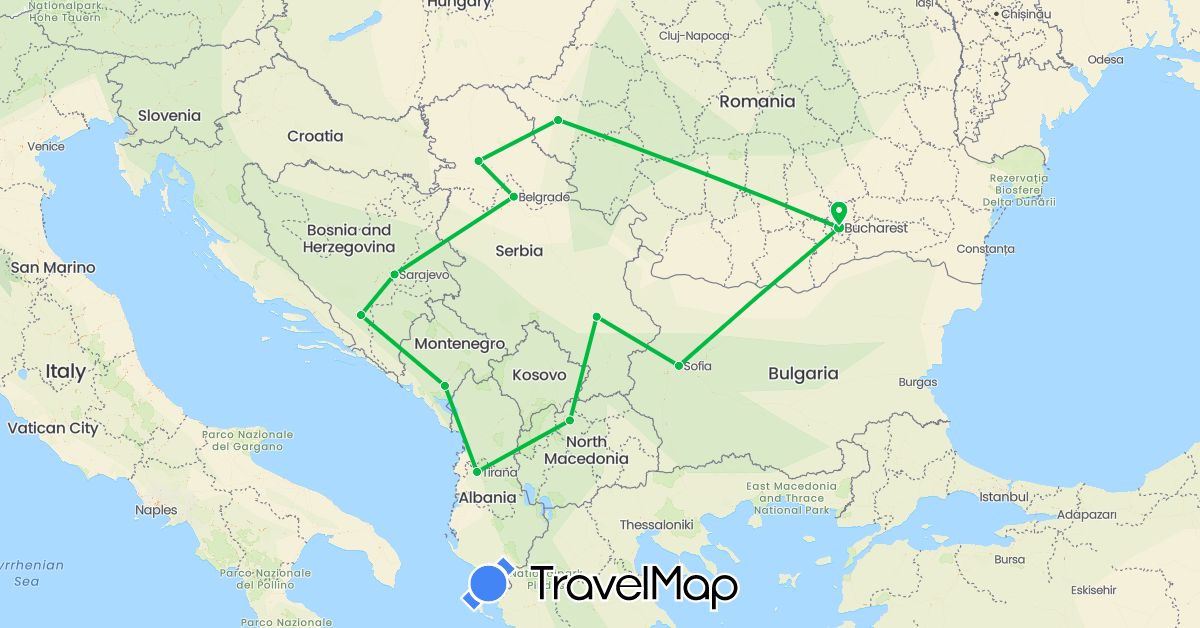TravelMap itinerary: driving, bus in Albania, Bosnia and Herzegovina, Bulgaria, Montenegro, Macedonia, Romania, Serbia (Europe)
